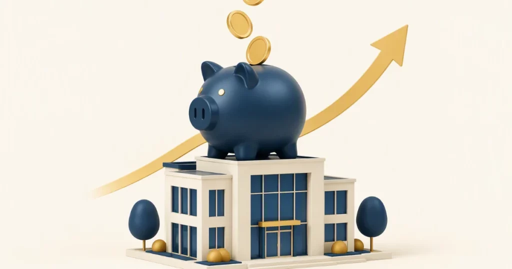 Tirelire sur un bâtiment d'entreprise et jetons dorés – épargne salariale du dirigeant